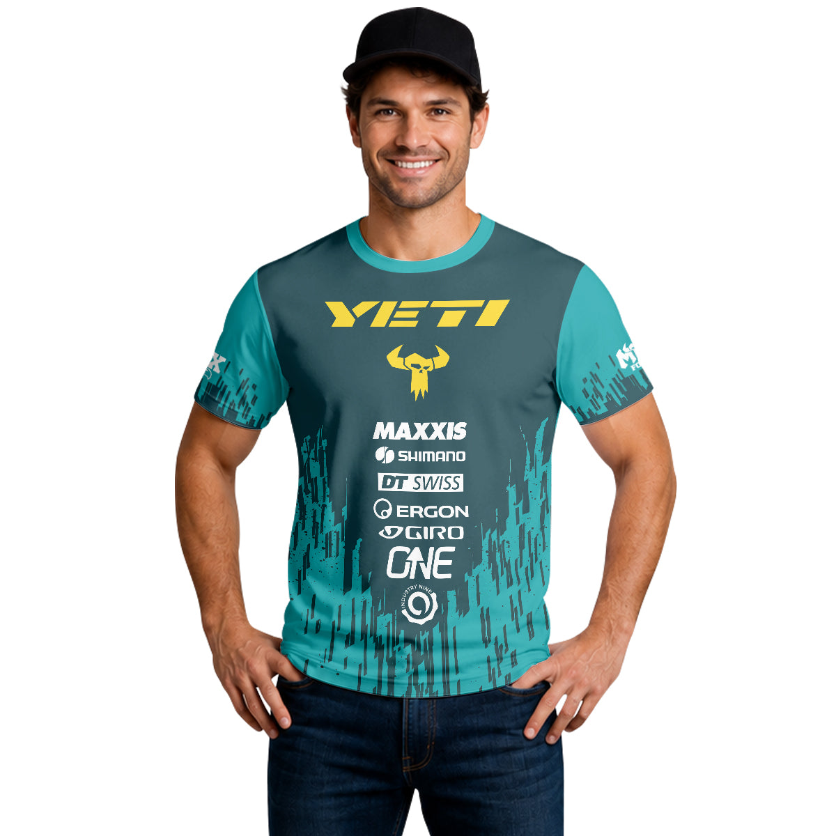 Yeti Teal Yellow Factory Racing Short Sleeve Mountain Bike Jersey – Lifestyle View