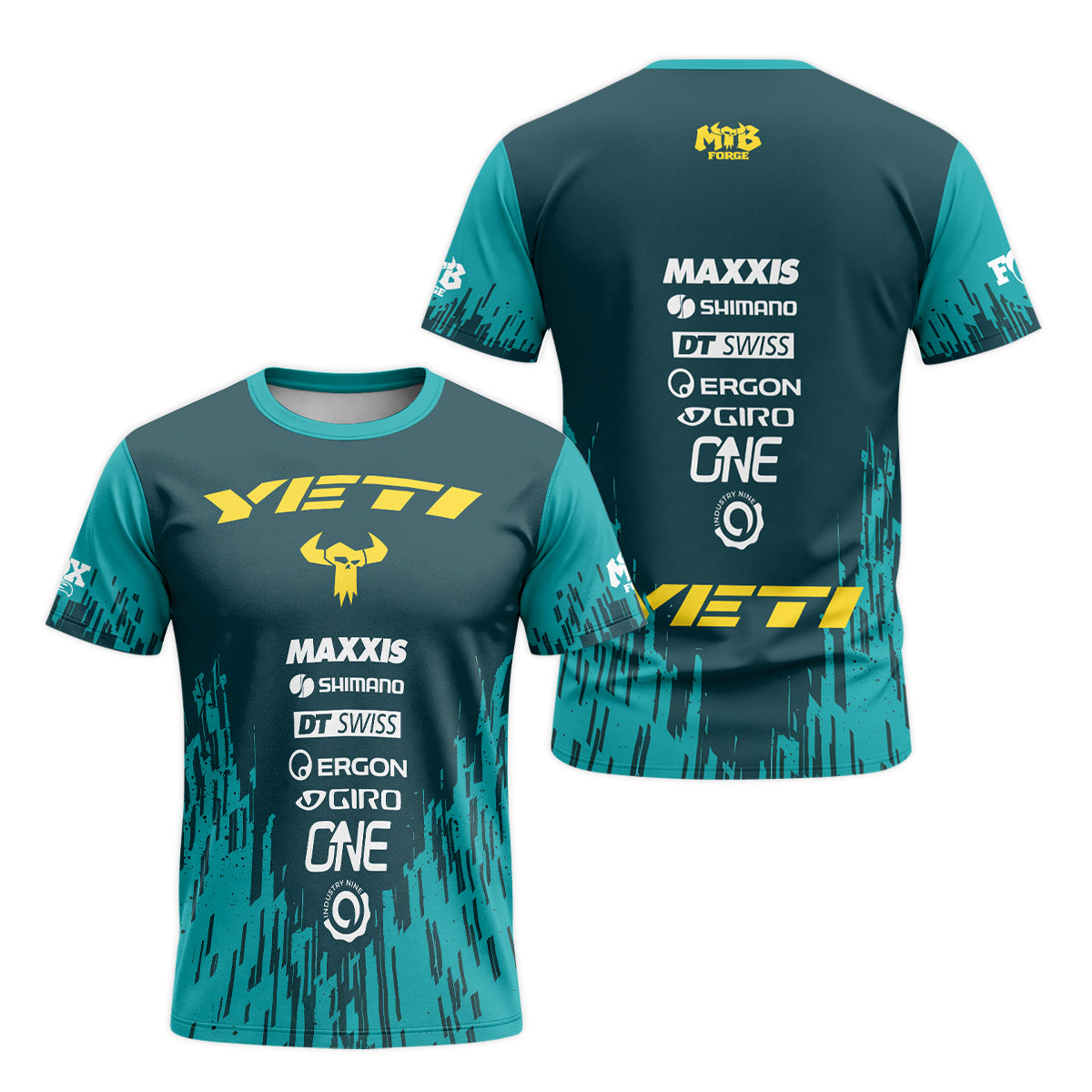 Yeti Teal Yellow Factory Racing Short Sleeve Mountain Bike Jersey – Front and Back View