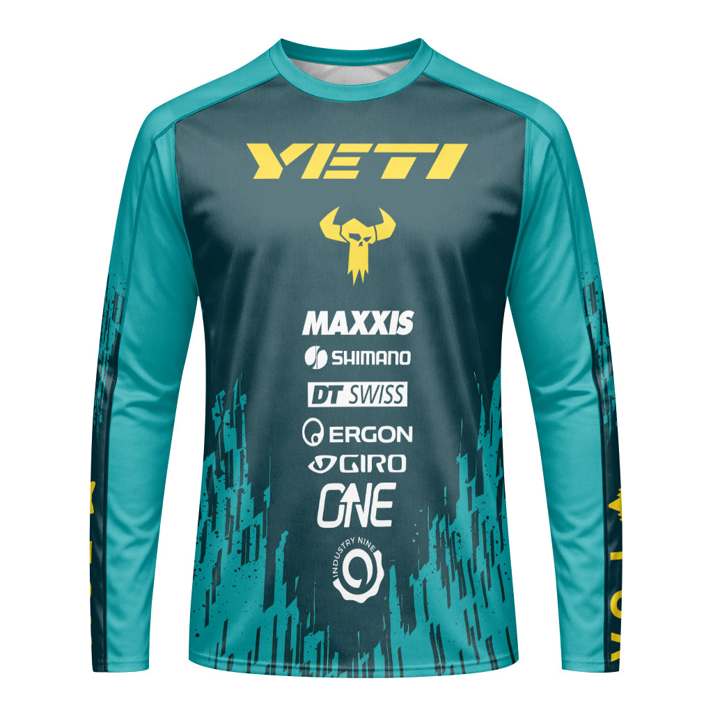 Yeti Teal Yellow Factory Racing Youth Long Sleeve Mountain Bike Jersey – Front View Mockup