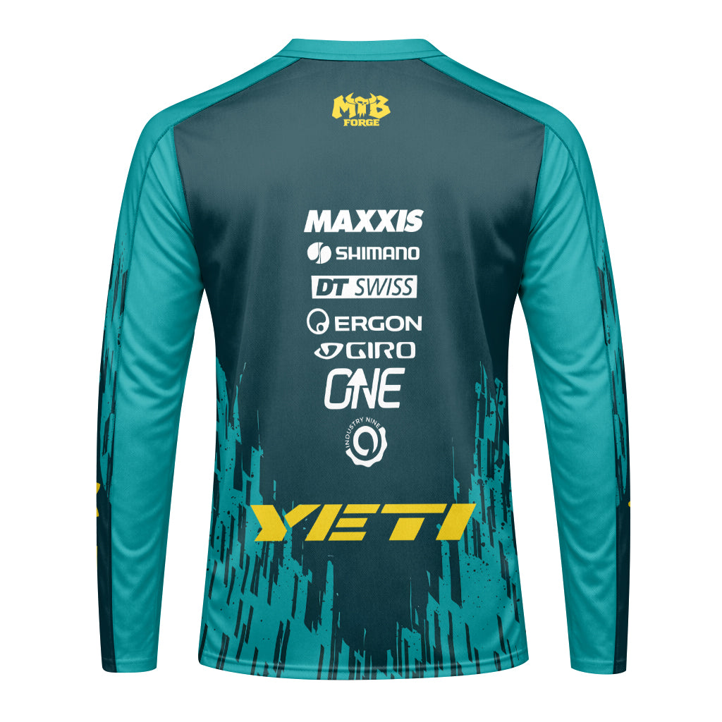 Yeti Teal Yellow Factory Racing Youth Long Sleeve Mountain Bike Jersey – Back View Mockup