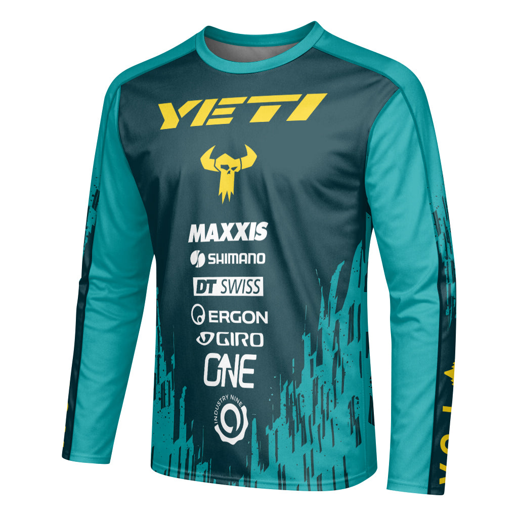 Yeti Teal Yellow Factory Racing Youth Long Sleeve Mountain Bike Jersey – Left Side View Mockup