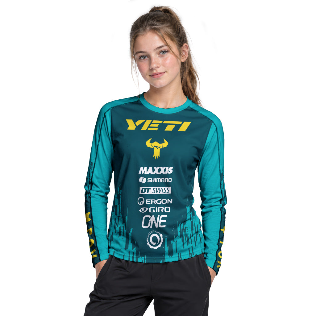 Yeti Teal Yellow Factory Racing Youth Long Sleeve Mountain Bike Jersey – Girl Lifestyle View
