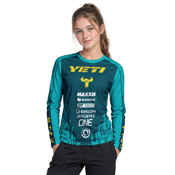 Yeti Teal Yellow Factory Racing Youth Long Sleeve Mountain Bike Jersey – Girl Lifestyle View