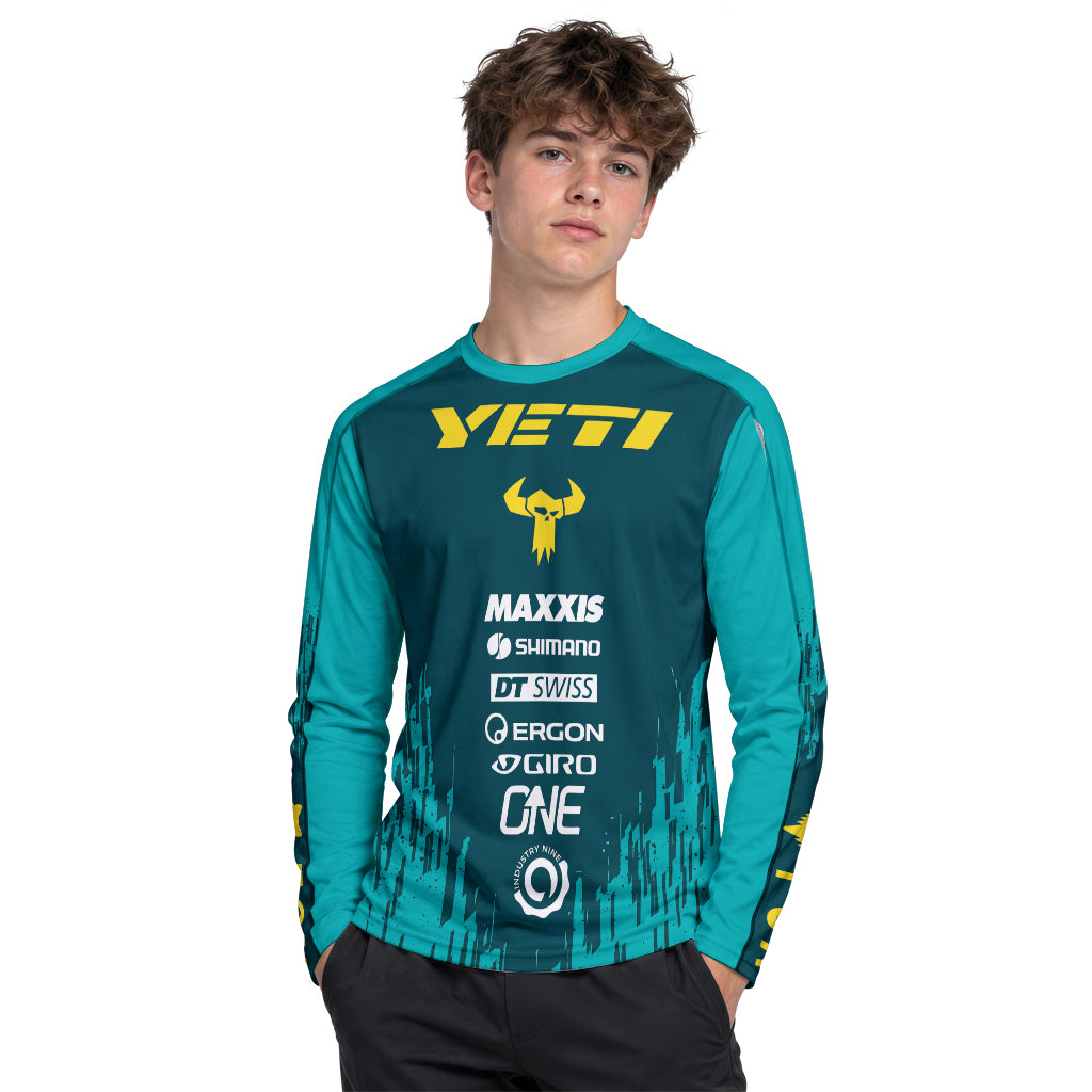 Yeti Teal Yellow Factory Racing Youth Long Sleeve Mountain Bike Jersey – Boy Lifestyle View