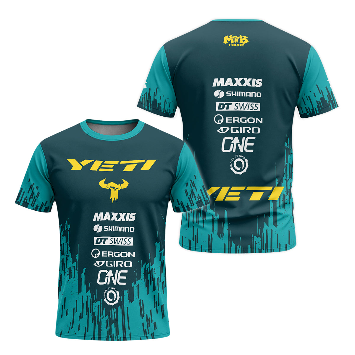 Yeti Teal Yellow Factory Racing Youth Short Sleeve Mountain Bike Jersey – Front and Back View