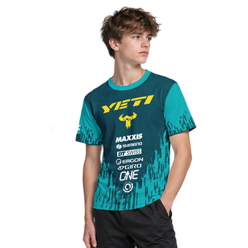 Yeti Teal Yellow Factory Racing Youth Short Sleeve Mountain Bike Jersey – Boy Lifestyle View