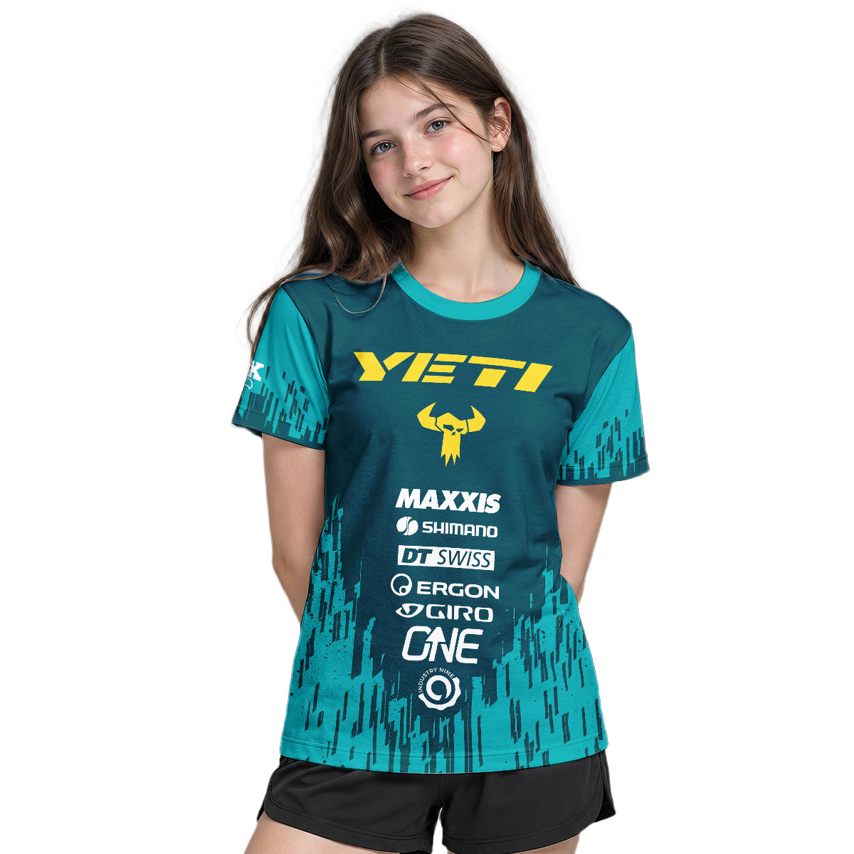 Yeti Teal Yellow Factory Racing Youth Short Sleeve Mountain Bike Jersey – Girl Lifestyle View