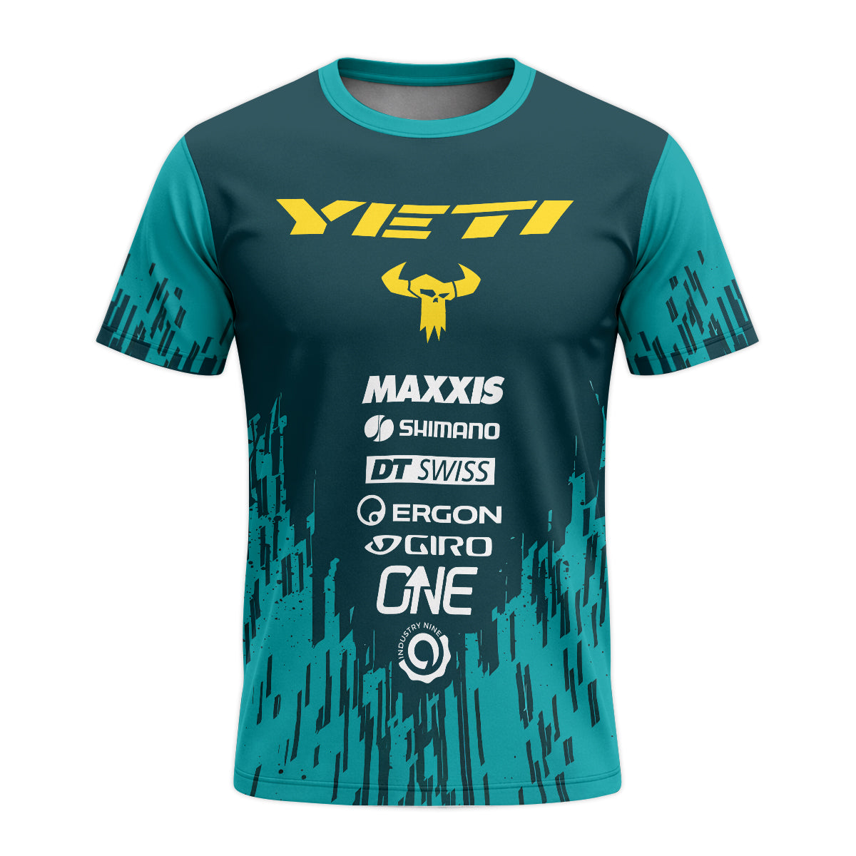 Yeti Teal Yellow Factory Racing Youth Short Sleeve Mountain Bike Jersey – Front View Mockup