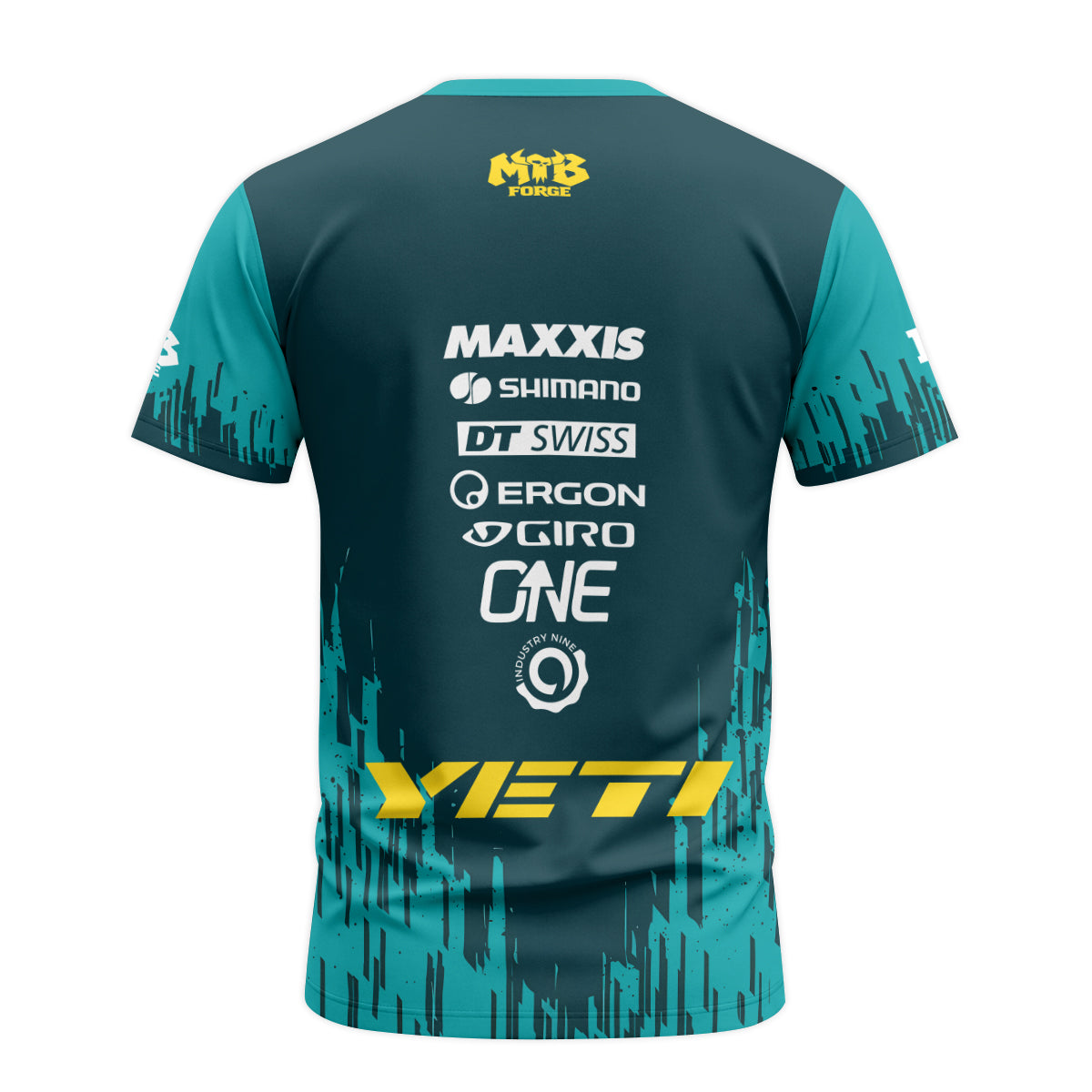 Yeti Teal Yellow Factory Racing Youth Short Sleeve Mountain Bike Jersey – Back View Mockup