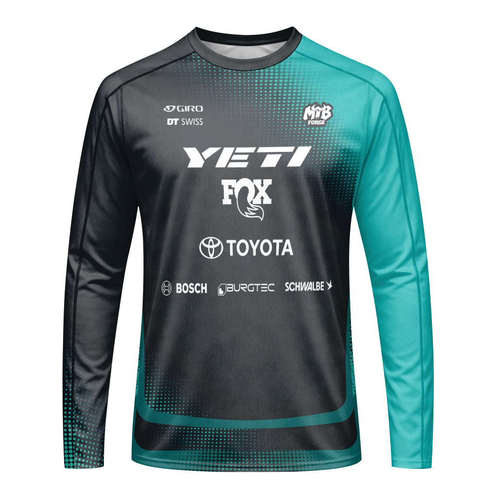 Yeti Toyota Black Teal Long Sleeve Mountain Bike Jersey – Front View Mockup
