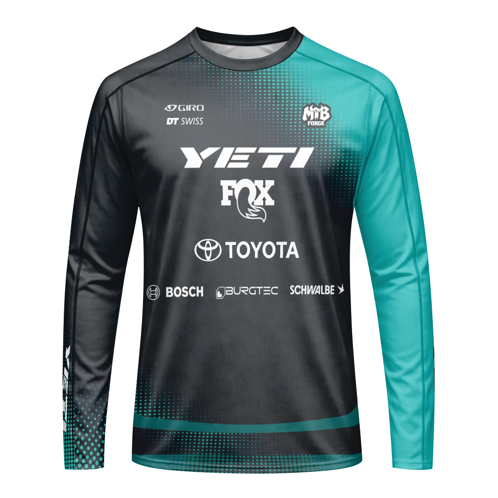 Yeti Toyota Black Teal Youth Long Sleeve Mountain Bike Jersey – Front View Mockup