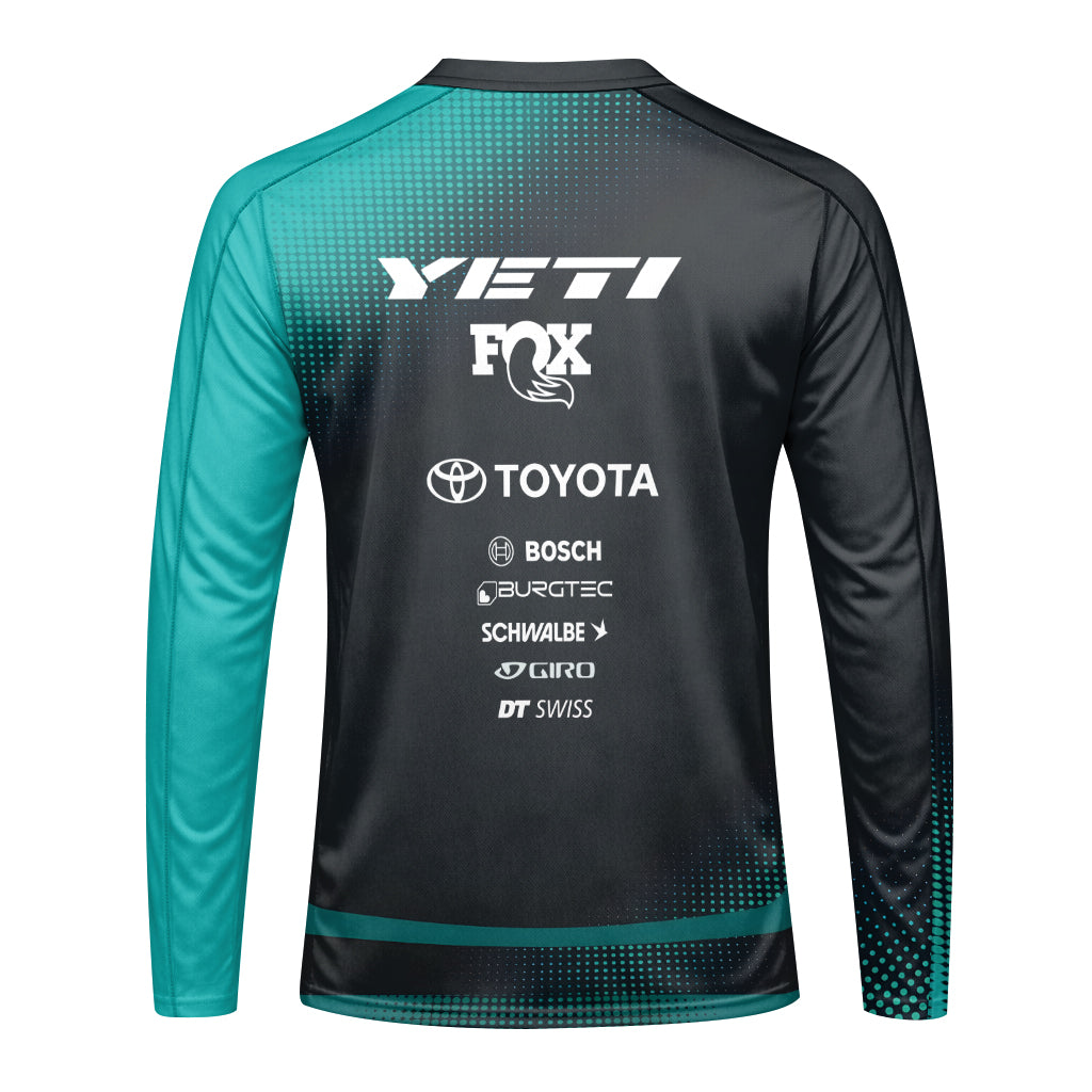 Yeti Toyota Black Teal Youth Long Sleeve Mountain Bike Jersey – Back View Mockup