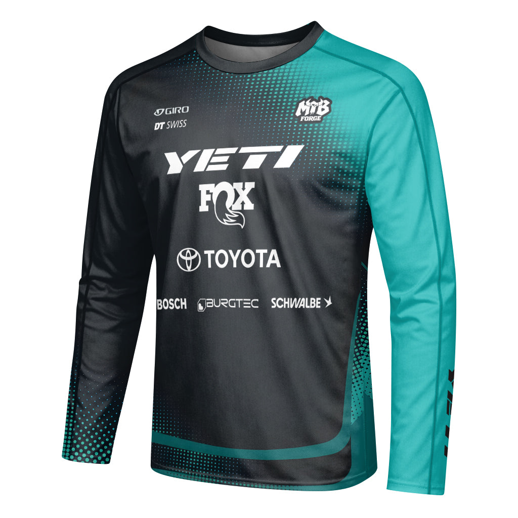Yeti Toyota Black Teal Youth Long Sleeve Mountain Bike Jersey – Left Side View Mockup