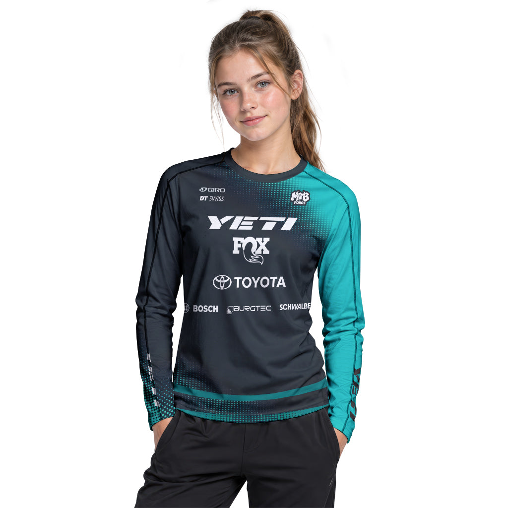 Yeti Toyota Black Teal Youth Long Sleeve Mountain Bike Jersey – Girl Lifestyle View