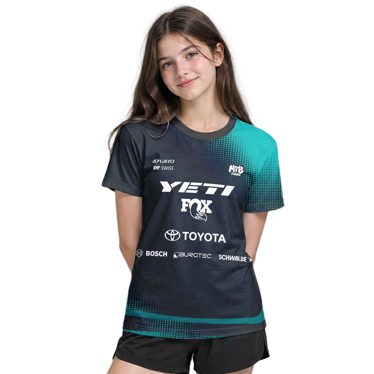 Yeti Toyota Black Teal Youth Short Sleeve Mountain Bike Jersey – Girl Lifestyle View