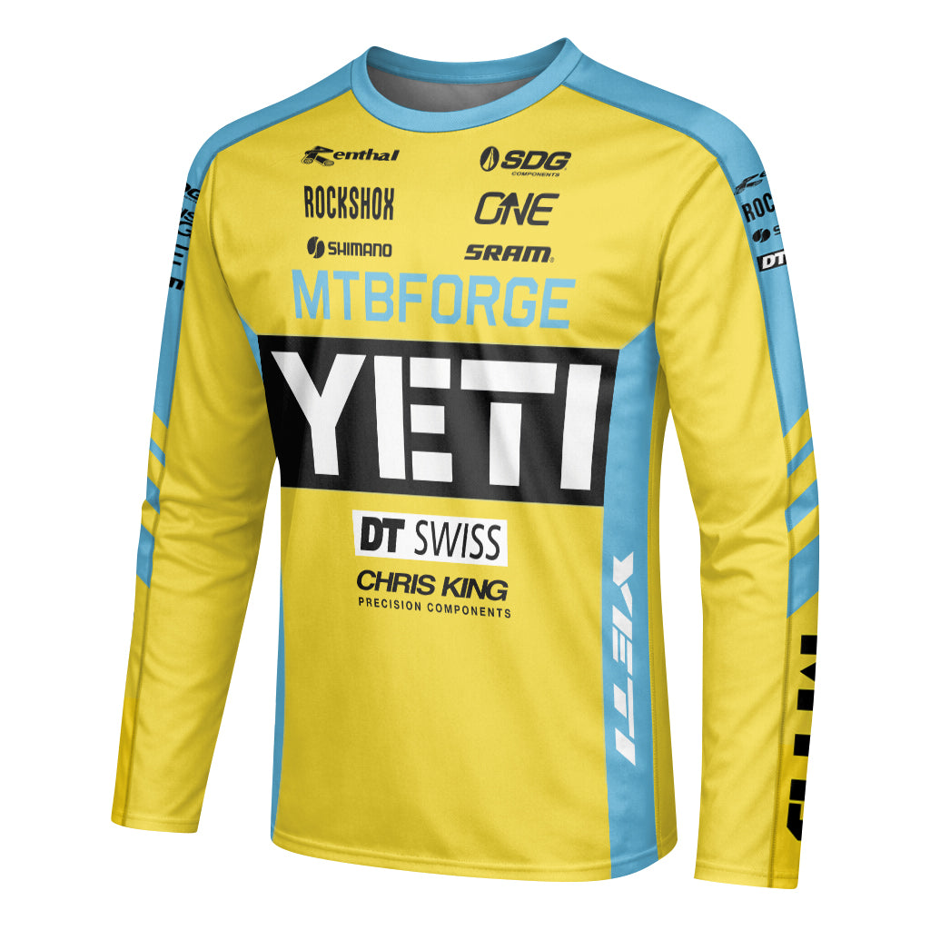 Yeti Yellow Blue Factory Long Sleeve Mountain Bike Jersey - left side mockup