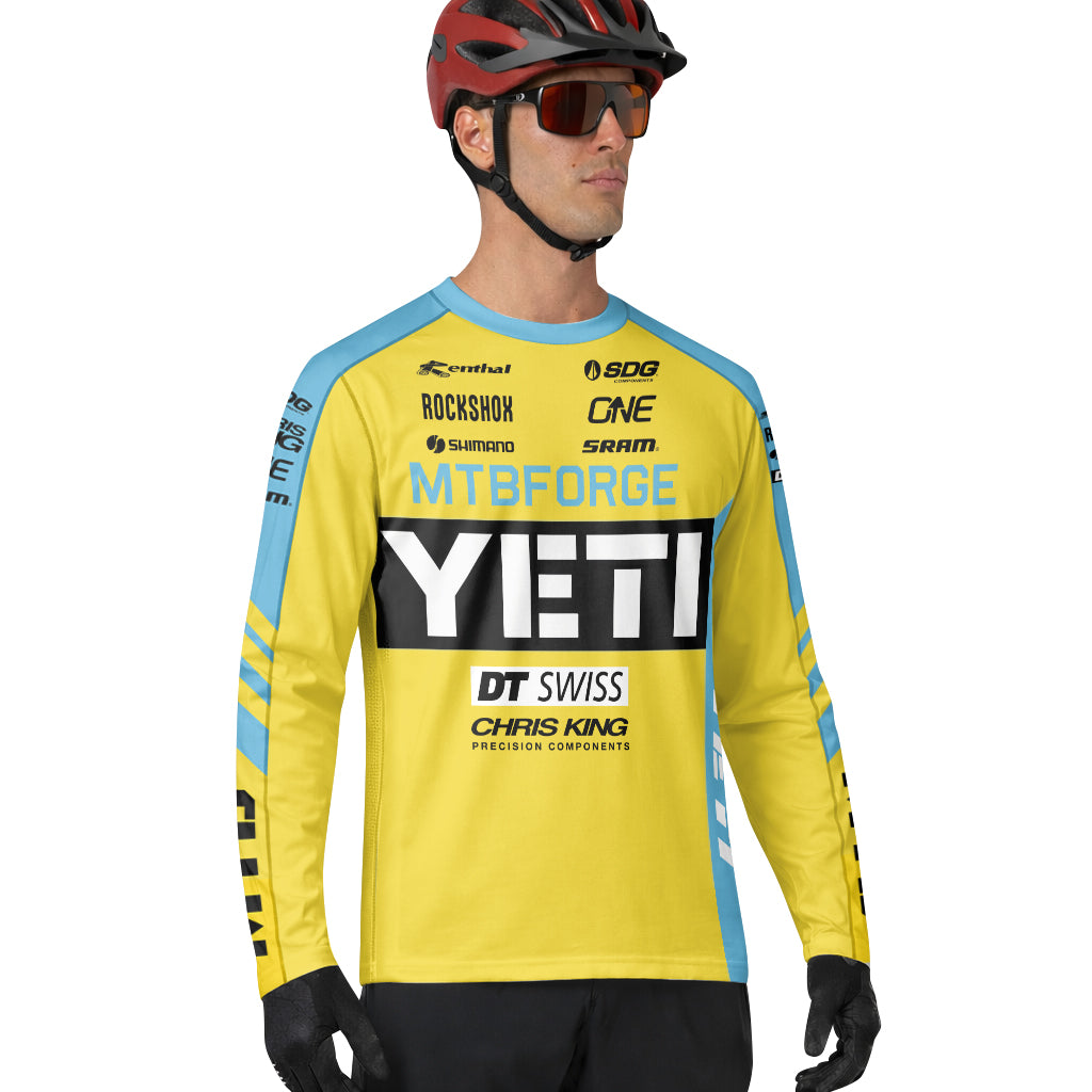 Yeti Yellow Blue Factory Long Sleeve Mountain Bike Jersey - lifestyle view