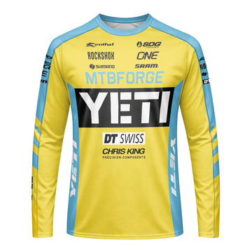 Yeti Yellow Blue Factory Long Sleeve Mountain Bike Jersey - front view mockup