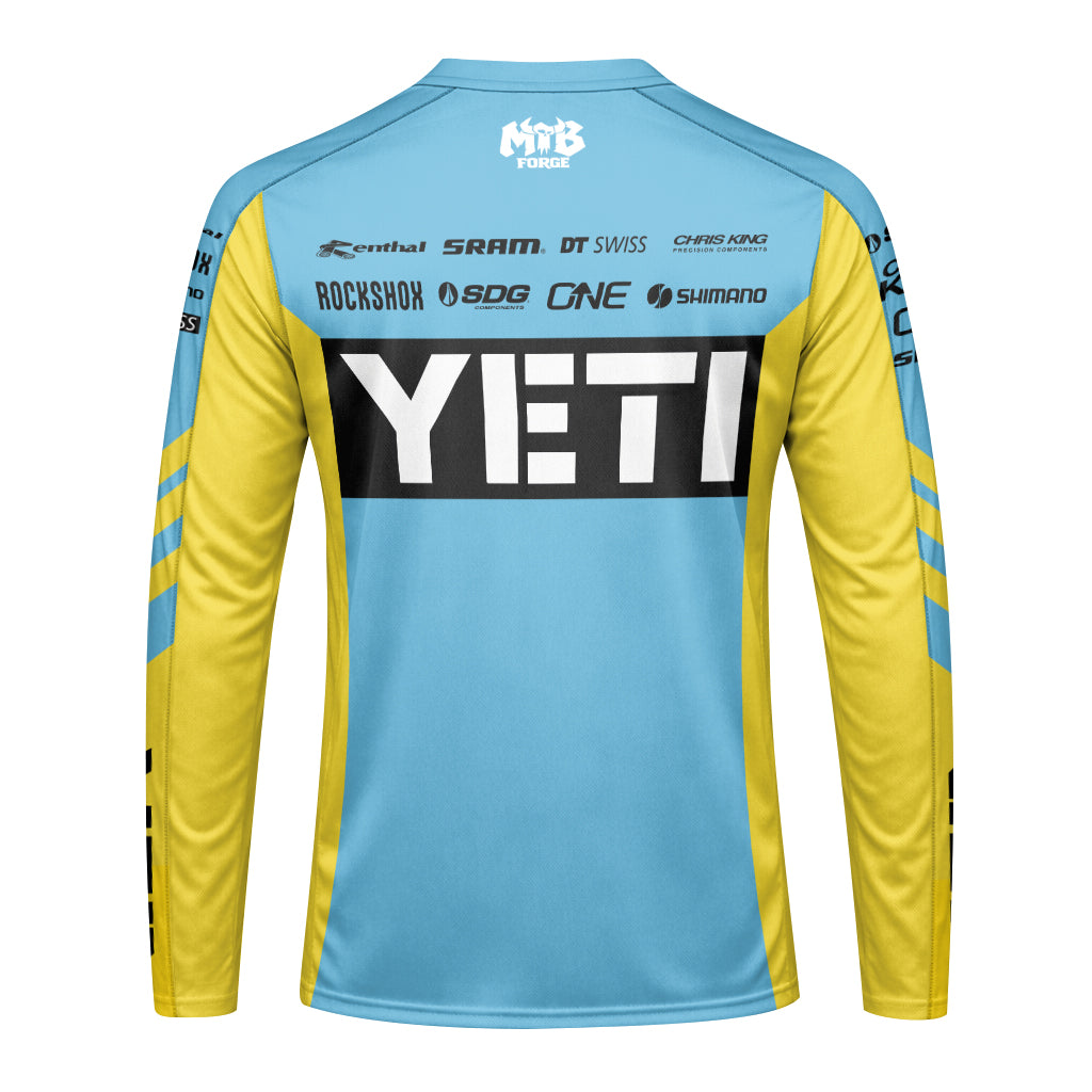 Yeti Yellow Blue Factory Long Sleeve Mountain Bike Jersey - front view mockup