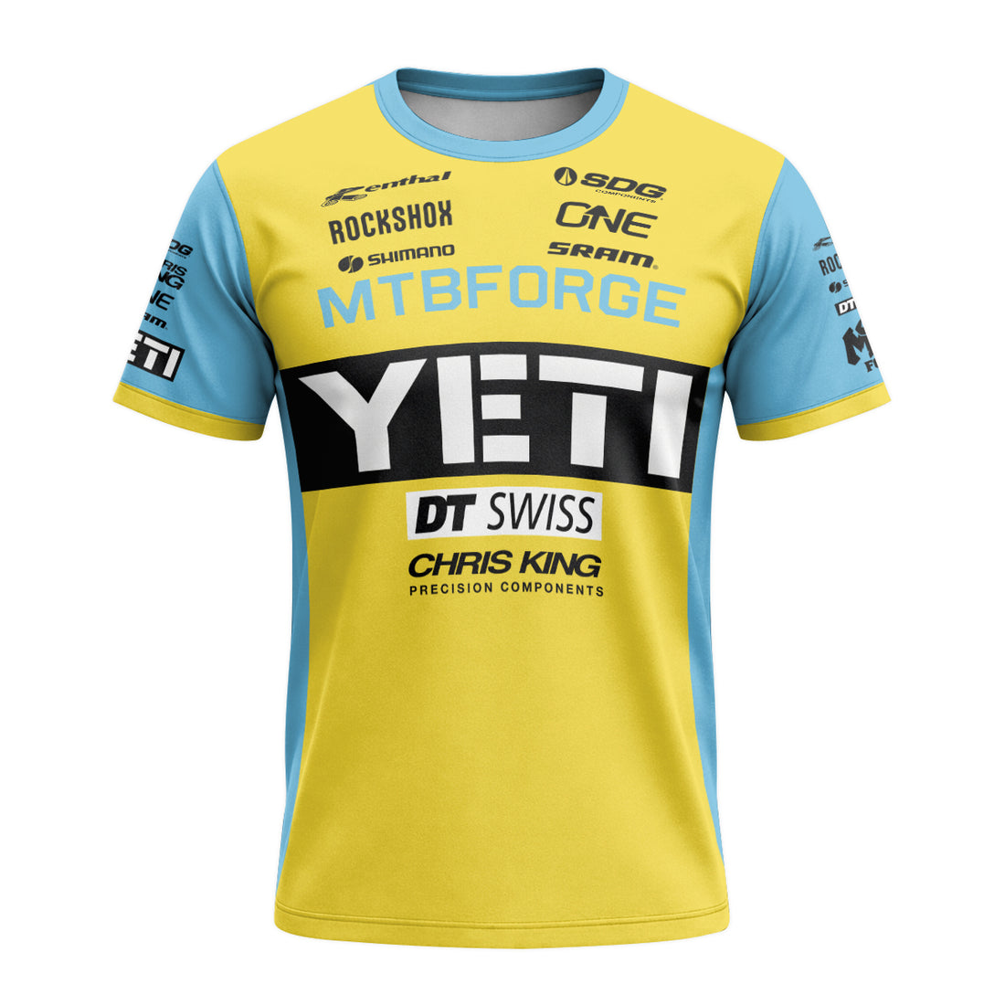 Yeti Yellow Blue Factory Short Sleeve Mountain Bike Jersey - front and back view