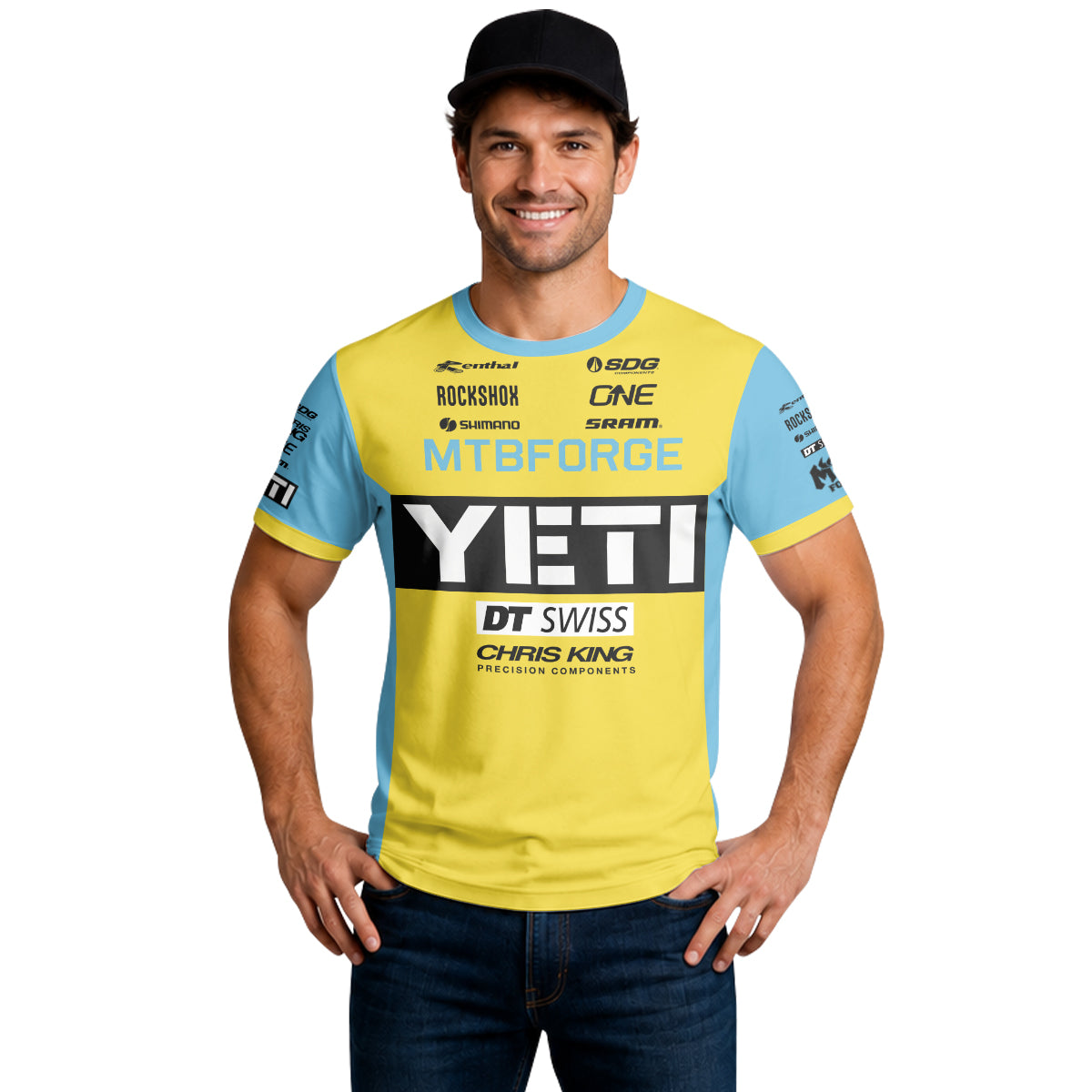Yeti Yellow Blue Factory Short Sleeve Mountain Bike Jersey - lifestyle view