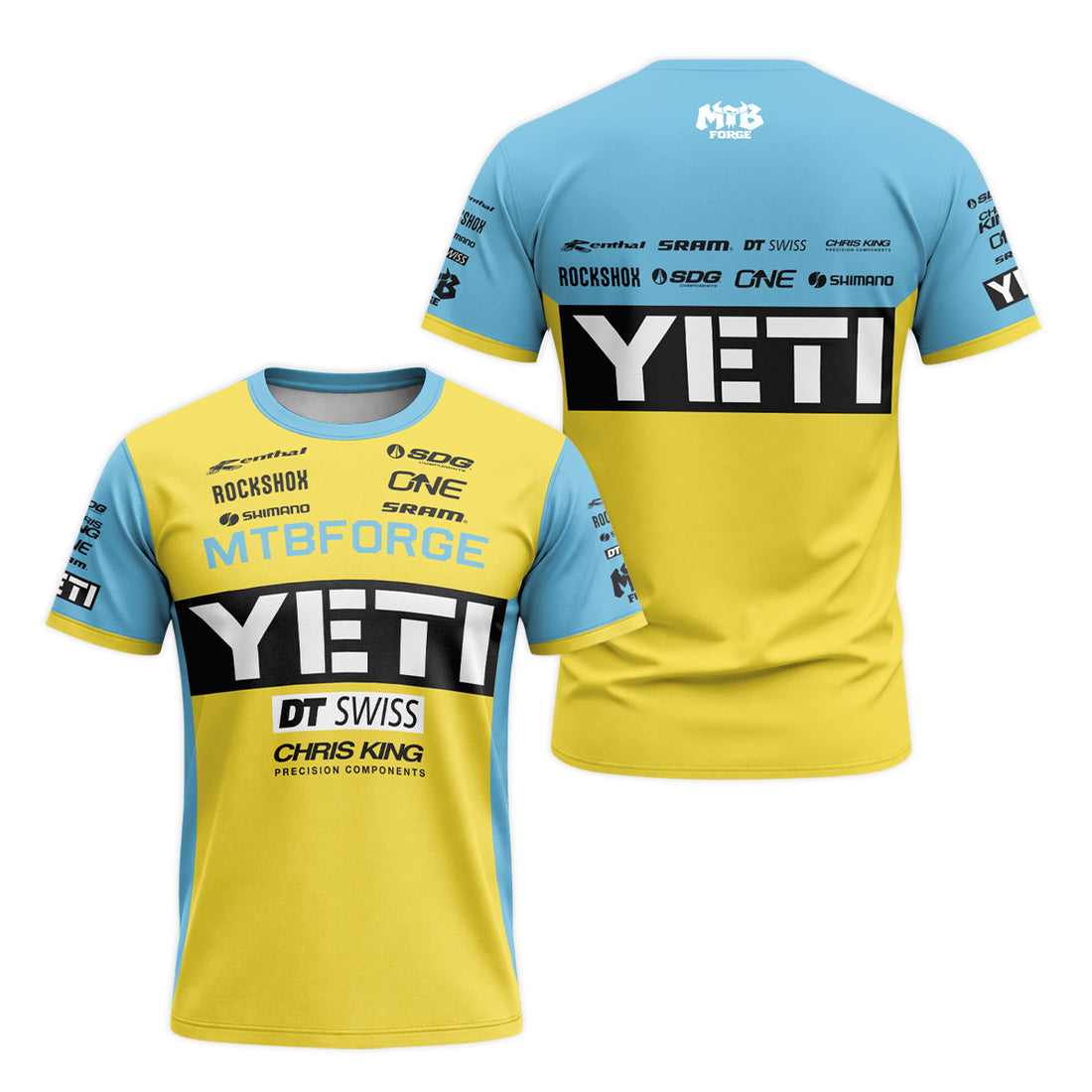 Yeti Yellow Blue Factory Short Sleeve Mountain Bike Jersey - front and back view