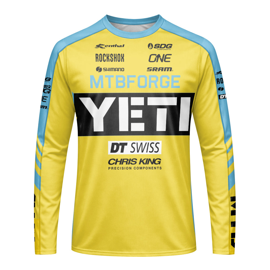Yeti Yellow Blue Factory Youth Long Sleeve Mountain Bike Jersey – Front View Mockup
