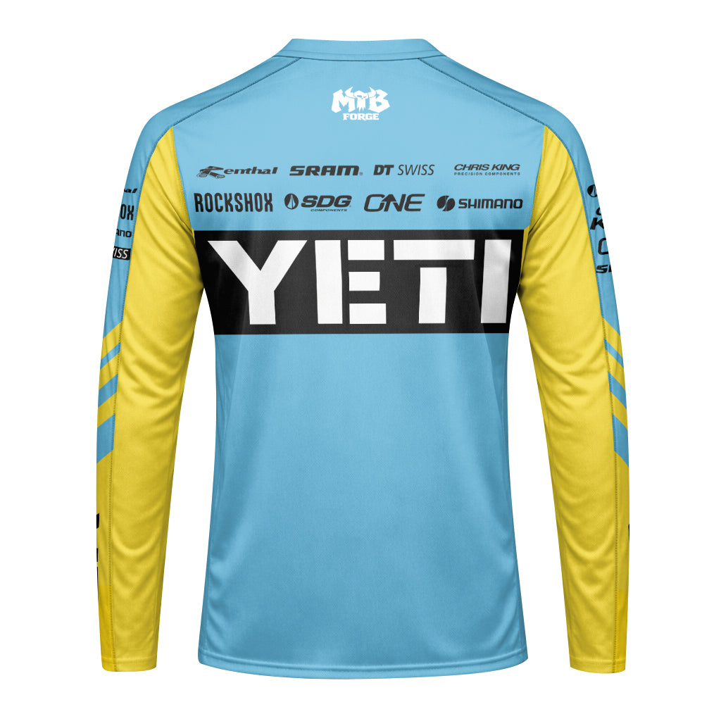 Yeti Yellow Blue Factory Youth Long Sleeve Mountain Bike Jersey – Back View Mockup