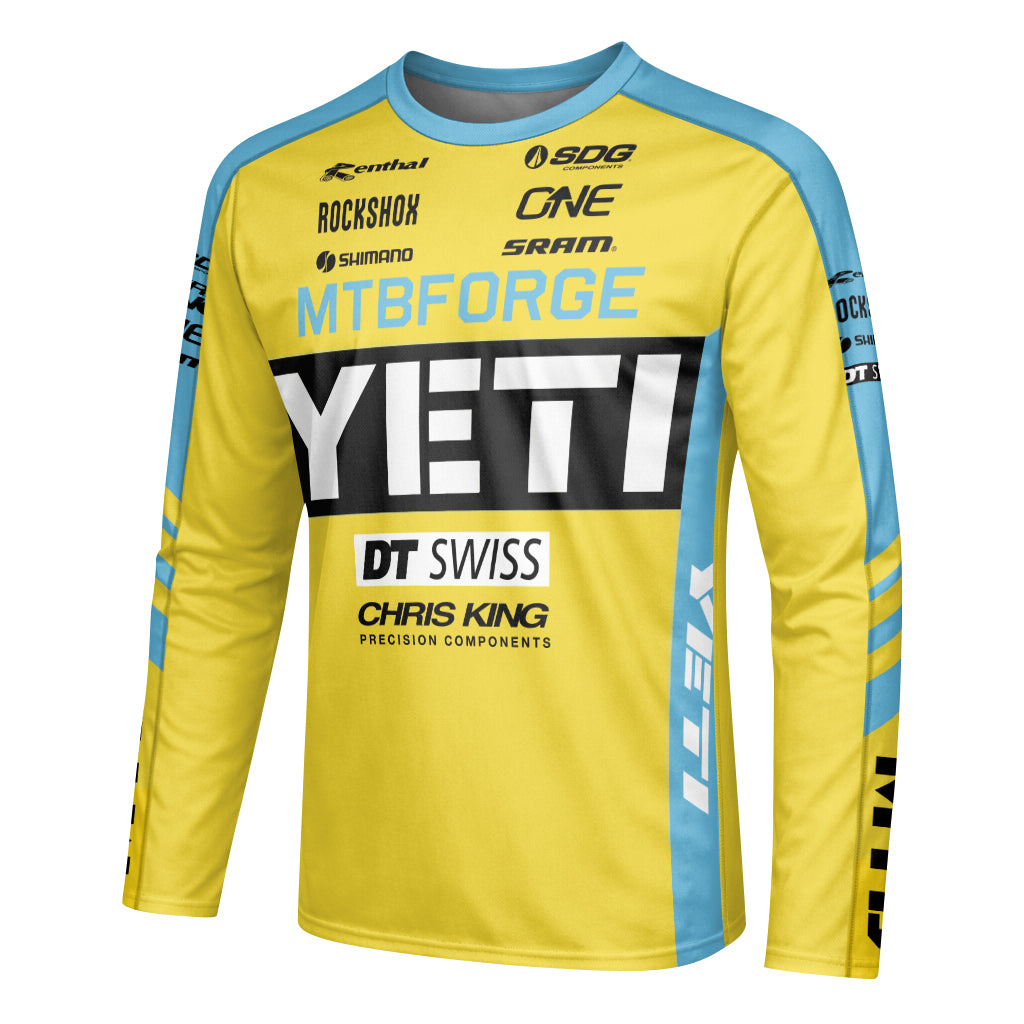 Yeti Yellow Blue Factory Youth Long Sleeve Mountain Bike Jersey – Left Side View Mockup