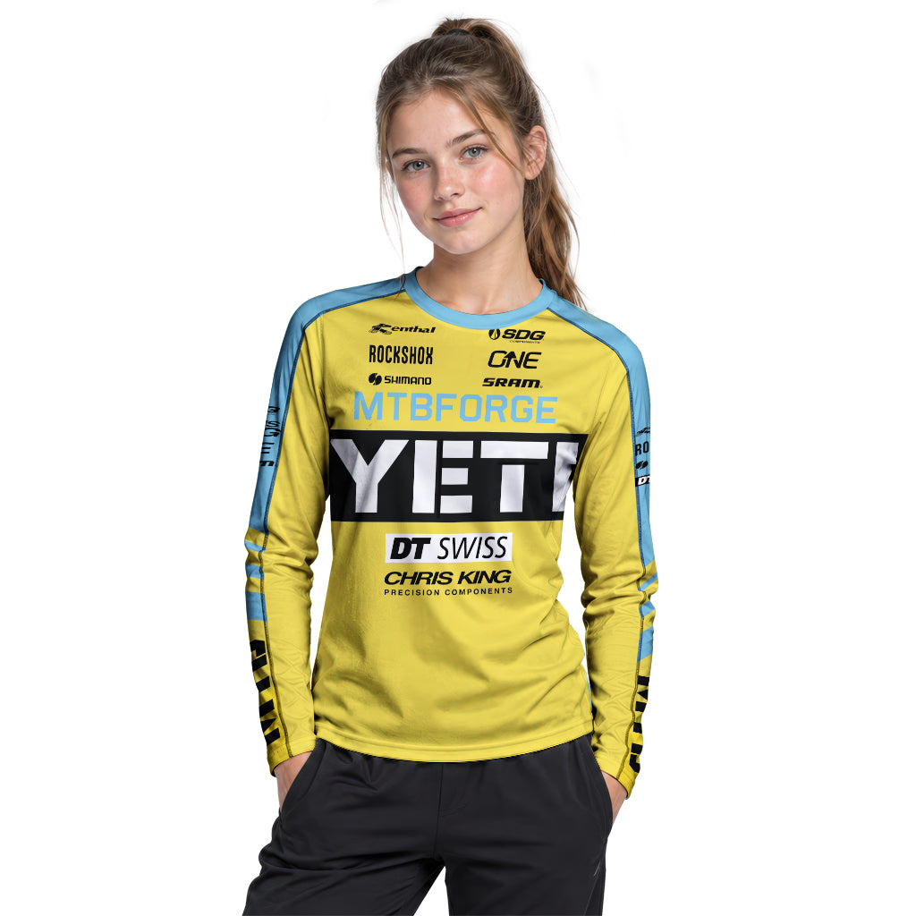 Yeti Yellow Blue Factory Youth Long Sleeve Mountain Bike Jersey – Girl Lifestyle View