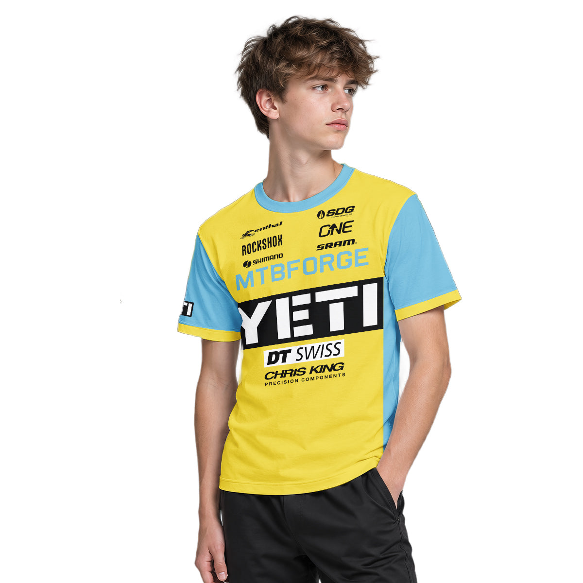 Yeti Yellow Blue Factory Youth Short Sleeve Mountain Bike Jersey – Boy Lifestyle View