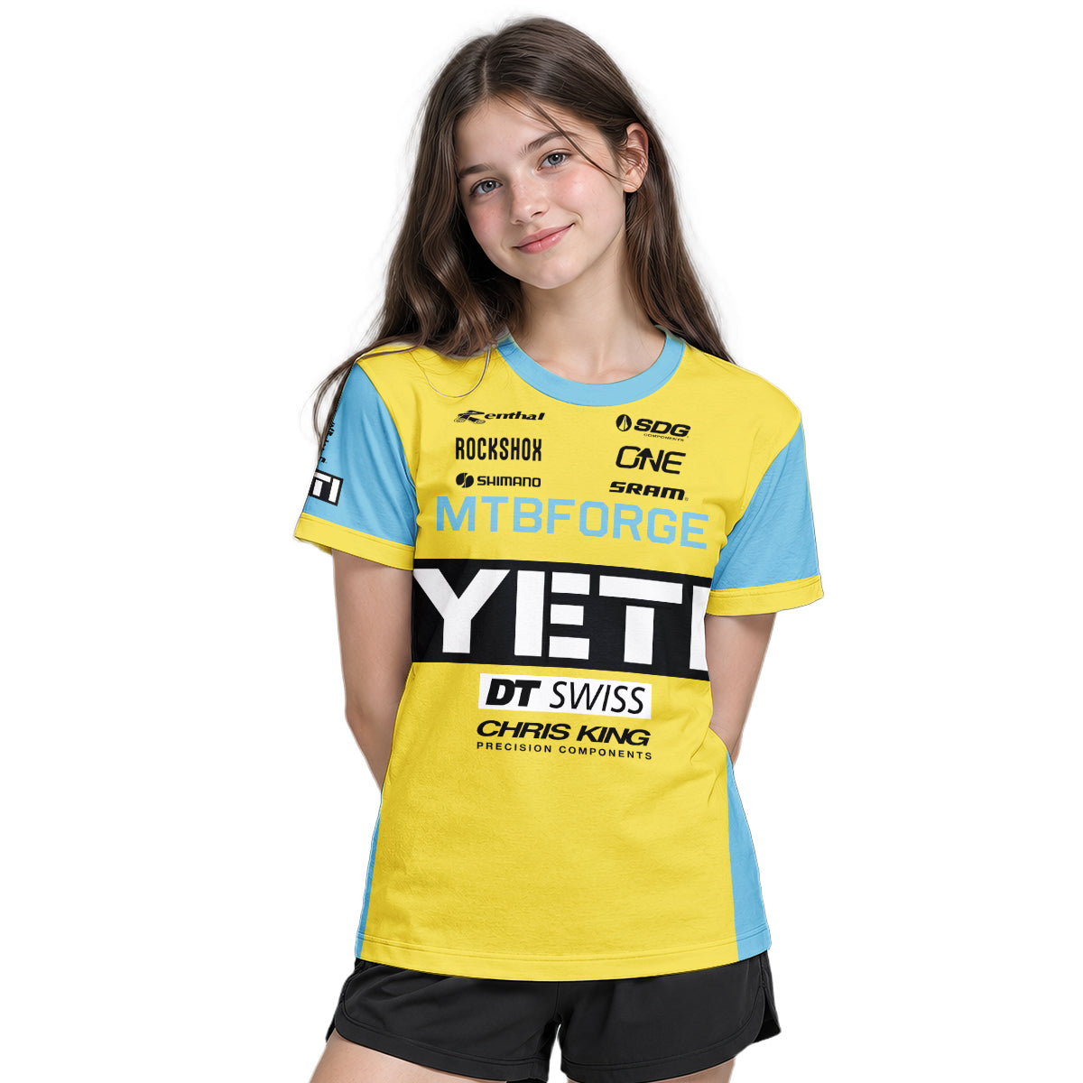 Yeti Yellow Blue Factory Youth Short Sleeve Mountain Bike Jersey – Girl Lifestyle View