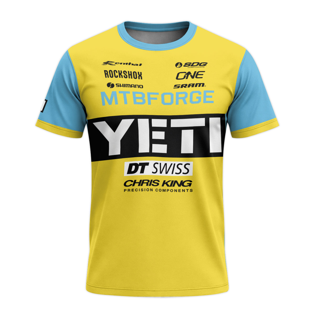 Yeti Yellow Blue Factory Youth Short Sleeve Mountain Bike Jersey – Front View Mockup