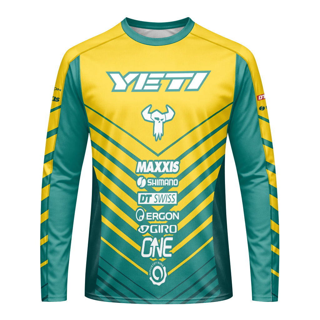 Yeti Yellow Teal Factory Racing Long Sleeve Mountain Bike Jersey – Front View Mockup