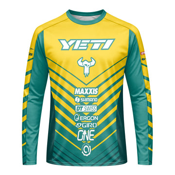 Yeti Yellow Teal Factory Racing Long Sleeve Mountain Bike Jersey – Front View Mockup