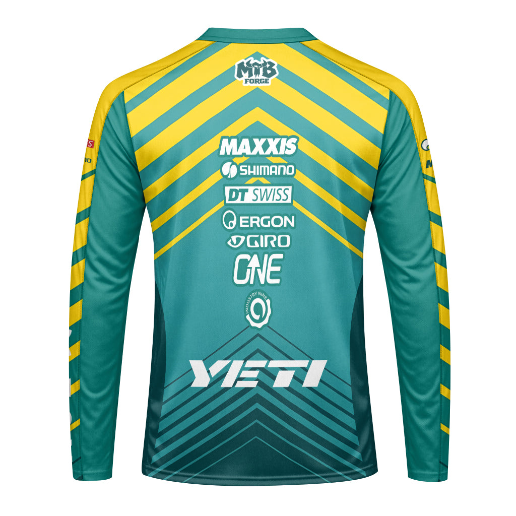 Yeti Yellow Teal Factory Racing Long Sleeve Mountain Bike Jersey – Back View Mockup