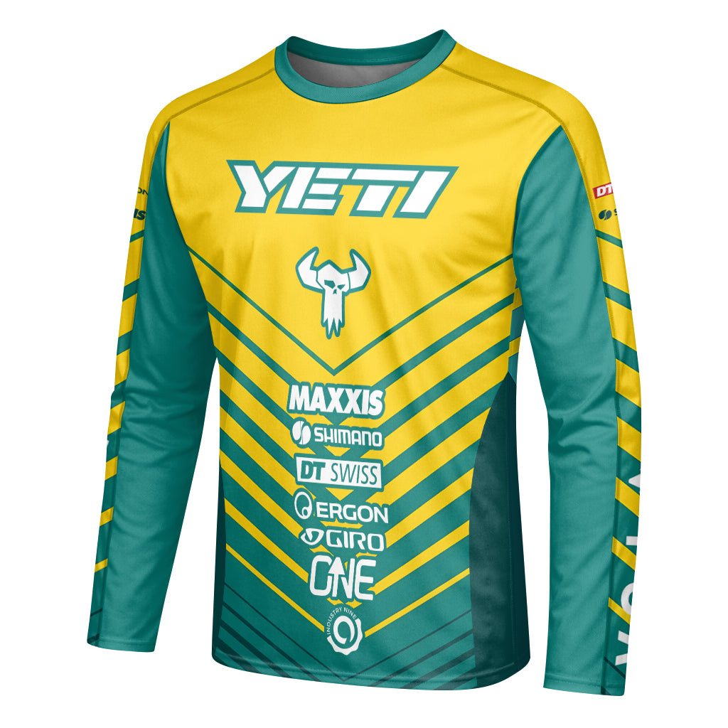 Yeti Yellow Teal Factory Racing Long Sleeve Mountain Bike Jersey – Left Side View Mockup