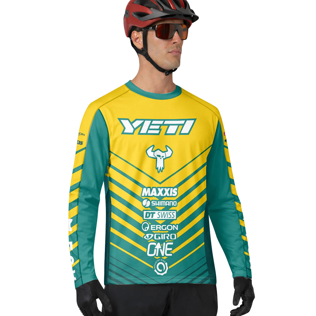 Yeti Yellow Teal Factory Racing Long Sleeve Mountain Bike Jersey – Lifestyle View