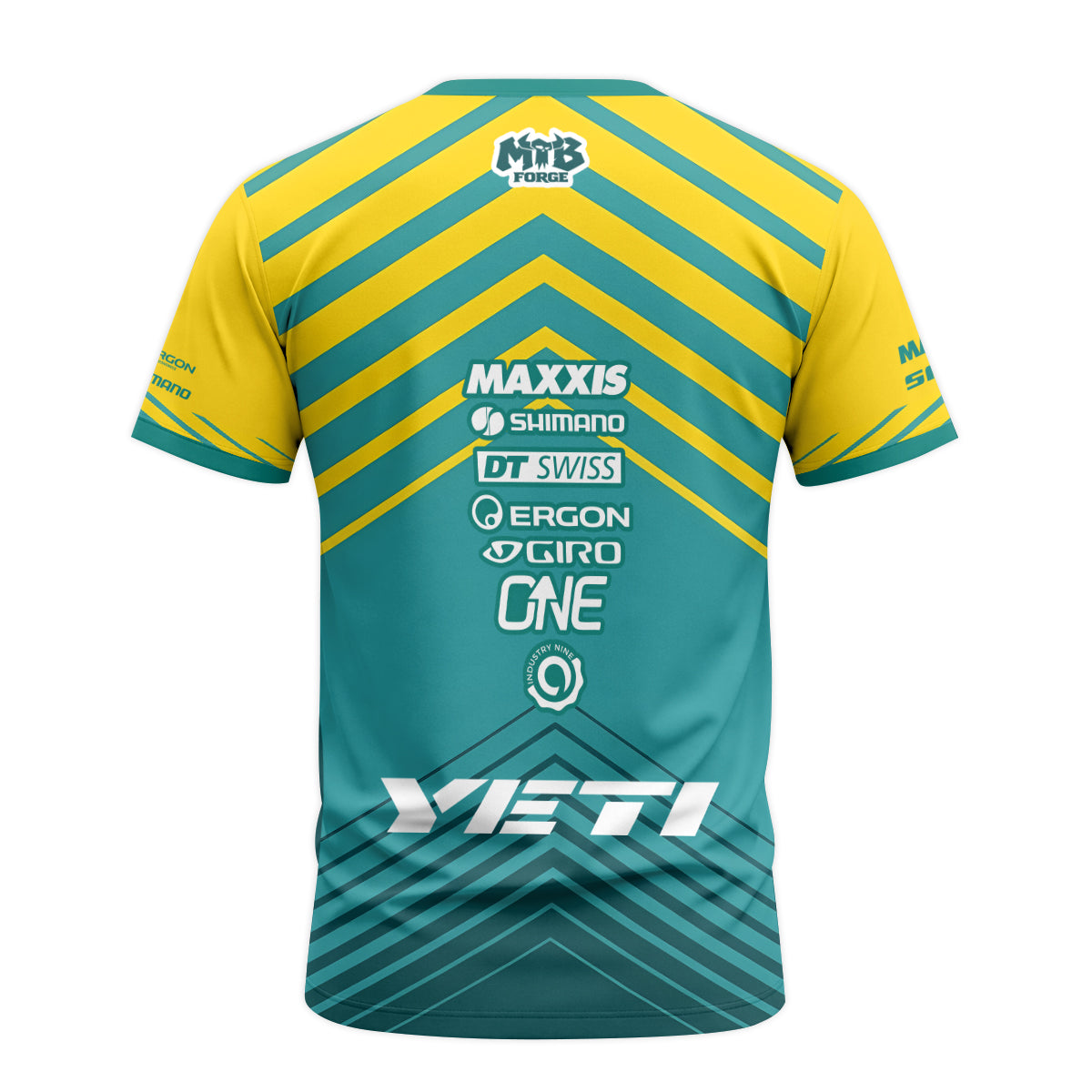 Yeti Yellow Teal Factory Racing Short Sleeve Mountain Bike Jersey – Back View Mockup