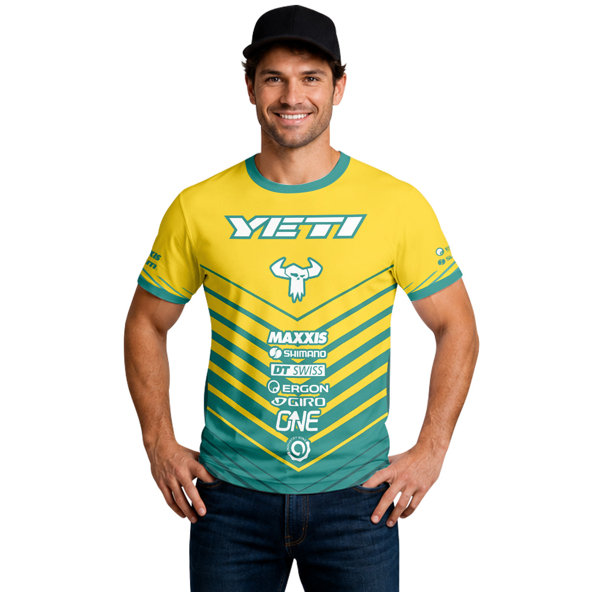 Yeti Yellow Teal Factory Racing Short Sleeve Mountain Bike Jersey – Lifestyle View