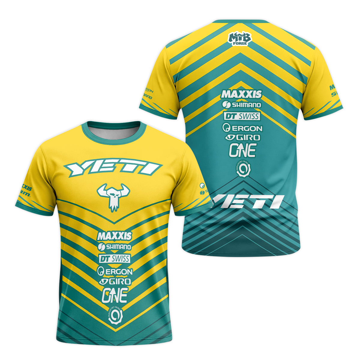 Yeti Yellow Teal Factory Racing Short Sleeve Mountain Bike Jersey – Front and Back View
