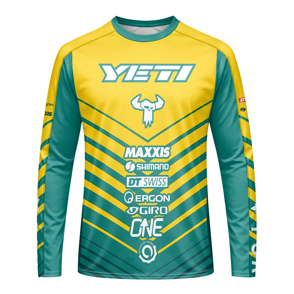 Yeti Yellow Teal Factory Racing Youth Long Sleeve Mountain Bike Jersey – Front View Mockup