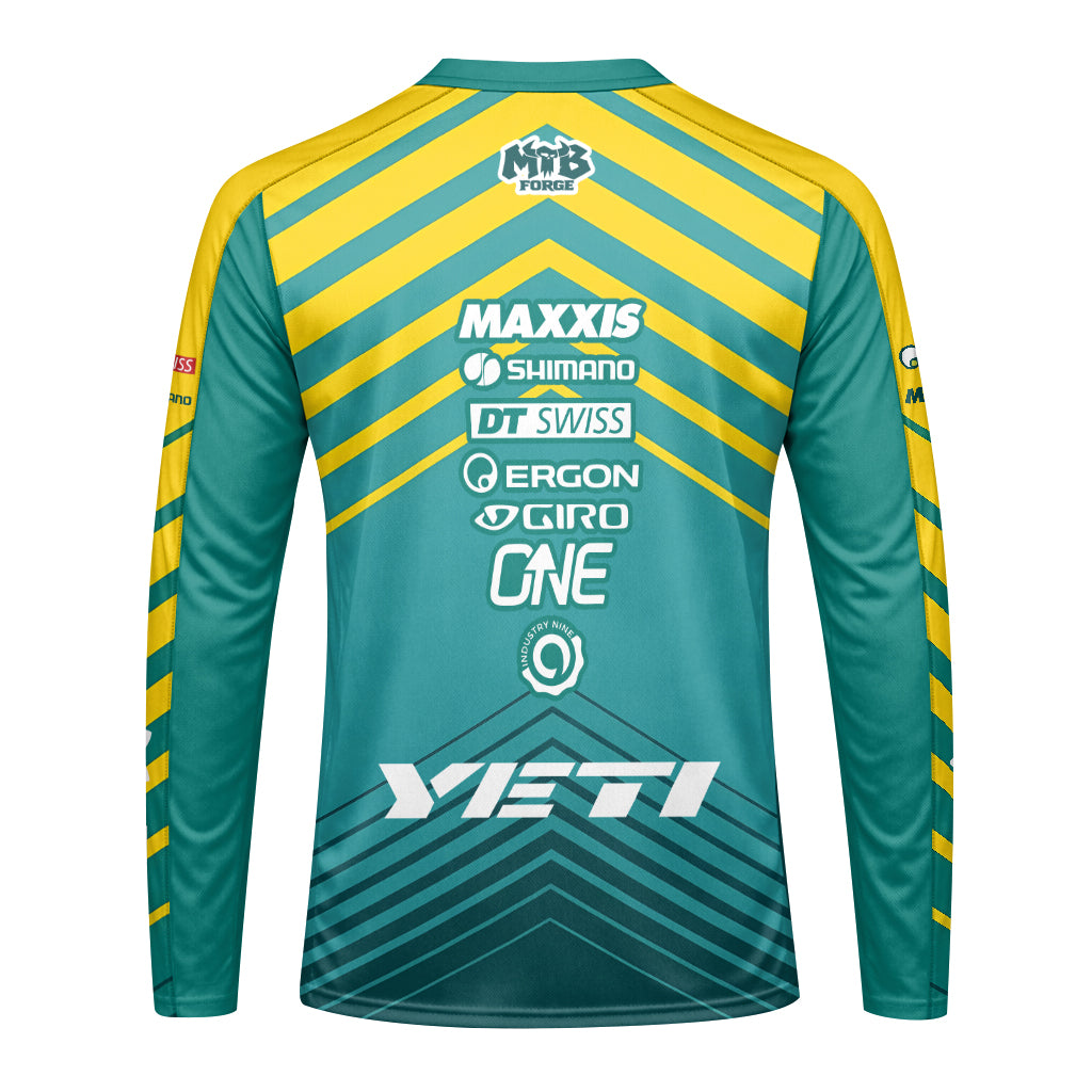 Yeti Yellow Teal Factory Racing Youth Long Sleeve Mountain Bike Jersey – Back View Mockup
