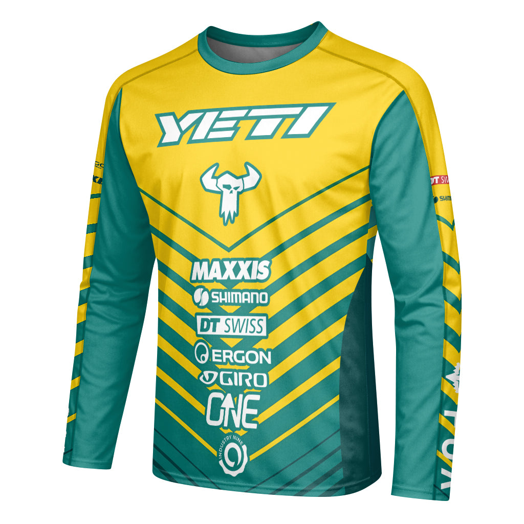 Yeti Yellow Teal Factory Racing Youth Long Sleeve Mountain Bike Jersey – Left Side View Mockup