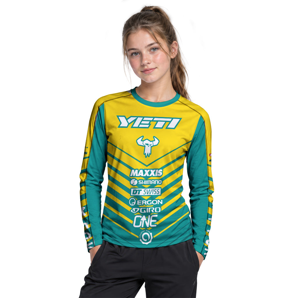 Yeti Yellow Teal Factory Racing Youth Long Sleeve Mountain Bike Jersey – Girl Lifestyle View