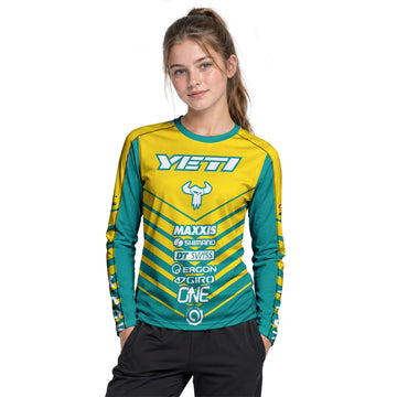 Yeti Yellow Teal Factory Racing Youth Long Sleeve Mountain Bike Jersey – Girl Lifestyle View