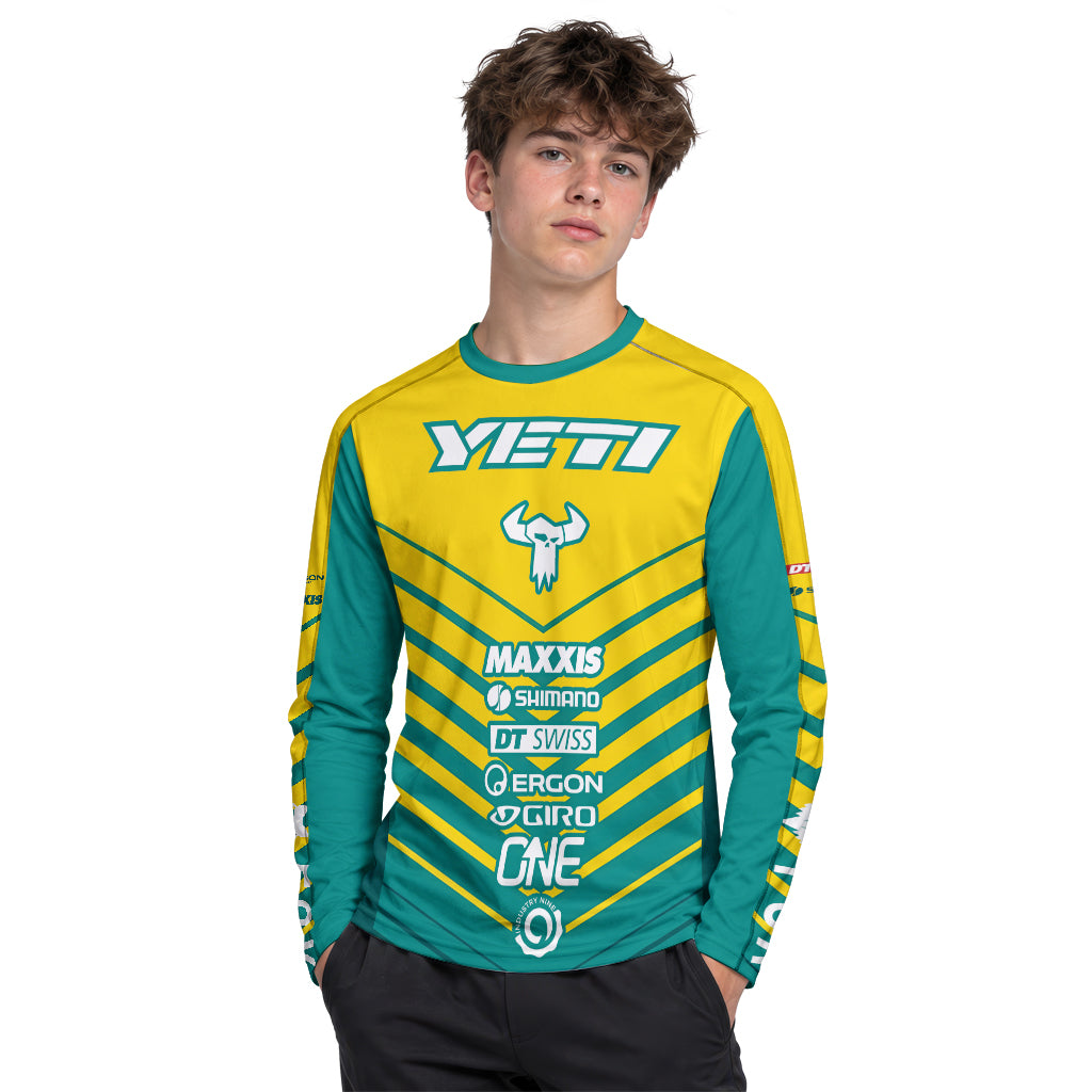 Yeti Yellow Teal Factory Racing Youth Long Sleeve Mountain Bike Jersey – Boy Lifestyle View
