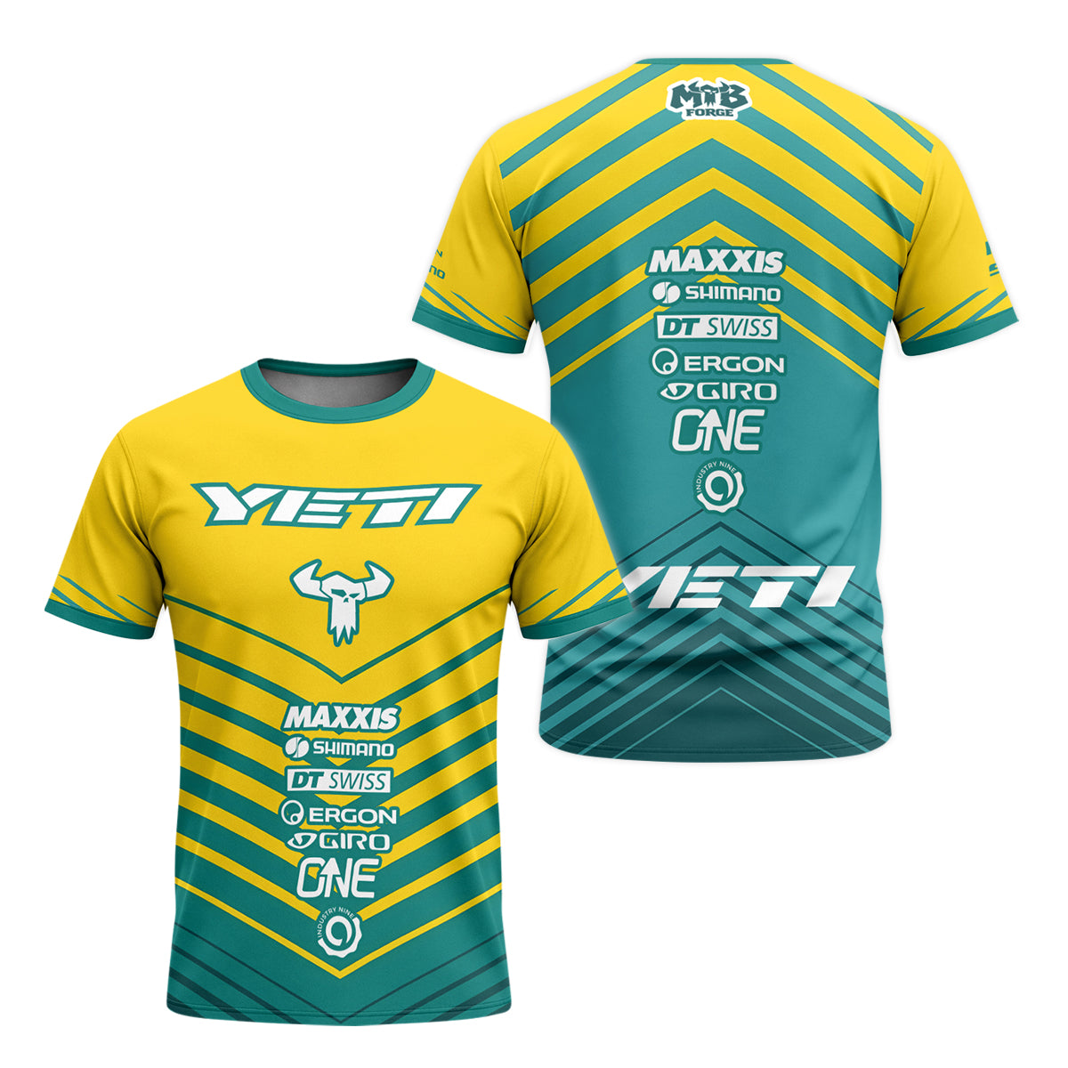 Yeti Yellow Teal Factory Racing Youth Short Sleeve Mountain Bike Jersey – Front and Back View