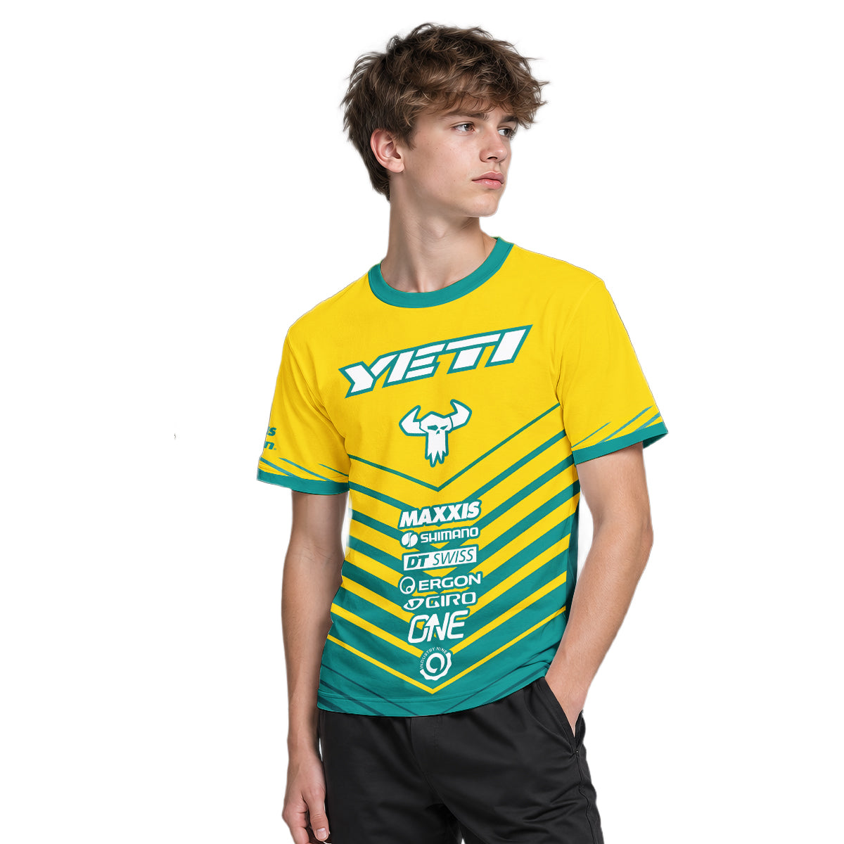 Yeti Yellow Teal Factory Racing Youth Short Sleeve Mountain Bike Jersey – Boy Lifestyle View