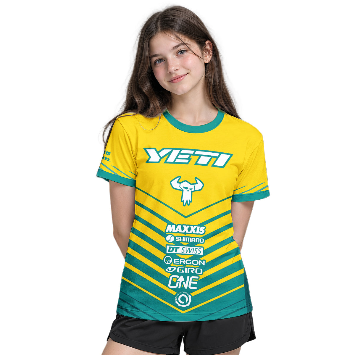 Yeti Yellow Teal Factory Racing Youth Short Sleeve Mountain Bike Jersey – Girl Lifestyle View